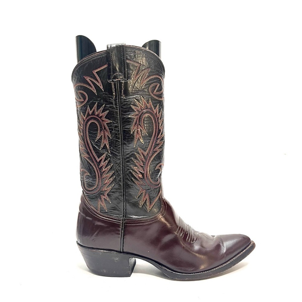 Vintage 1990s men's dark brown leather colorful stitched mid calf cowboy boots